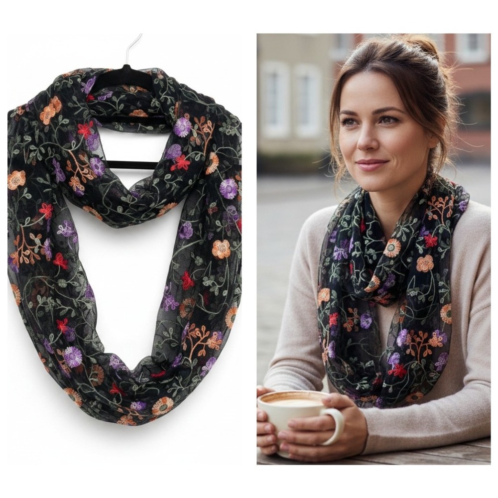 Whimsical Romantic Floral Embroidered Mesh Infinity Scarf‎ Black Sheer Chic Boho